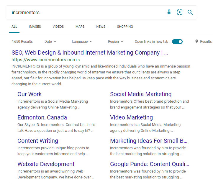 Sitelinks in Google SERP