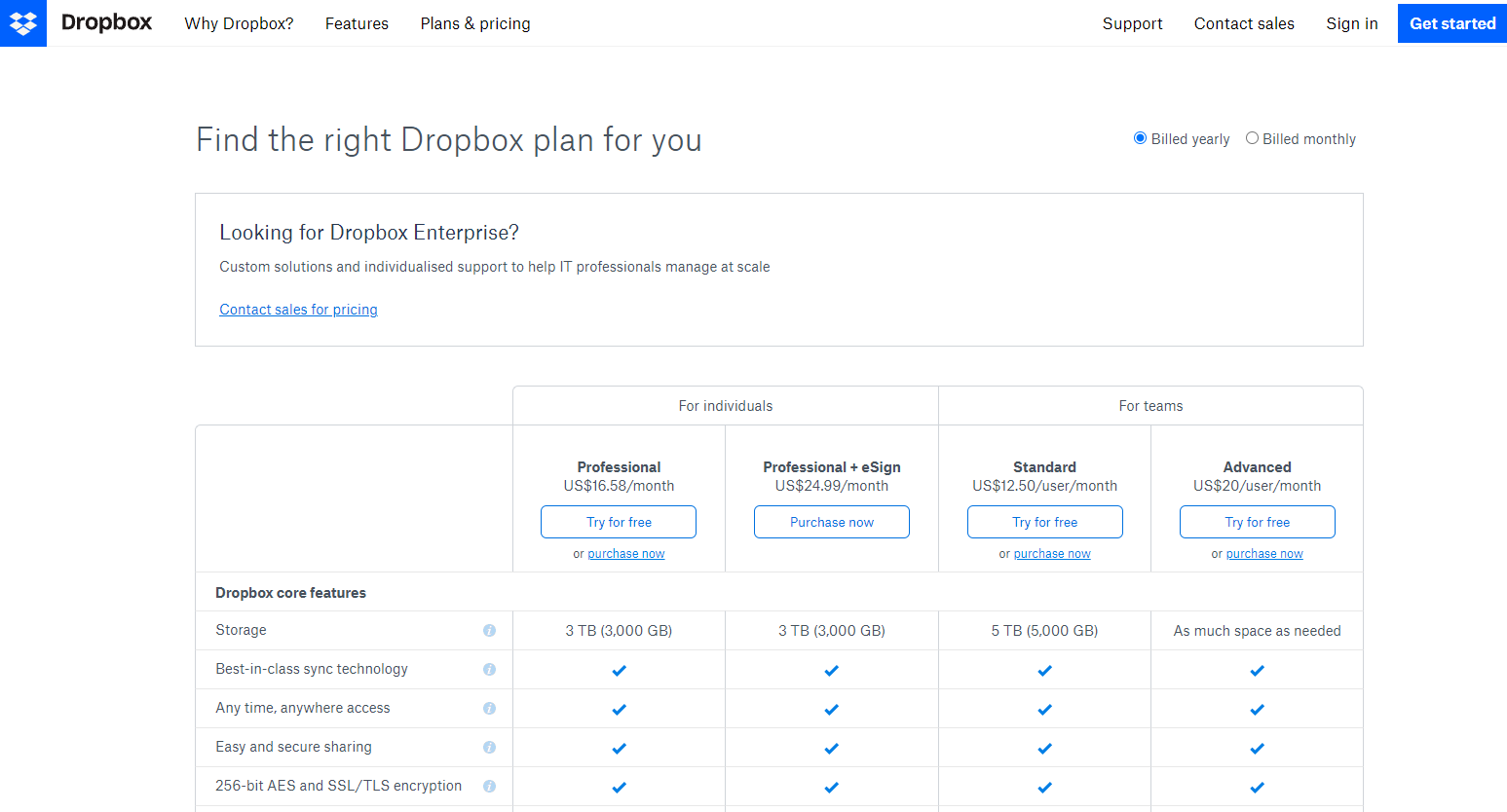 dropbox business plan comparison