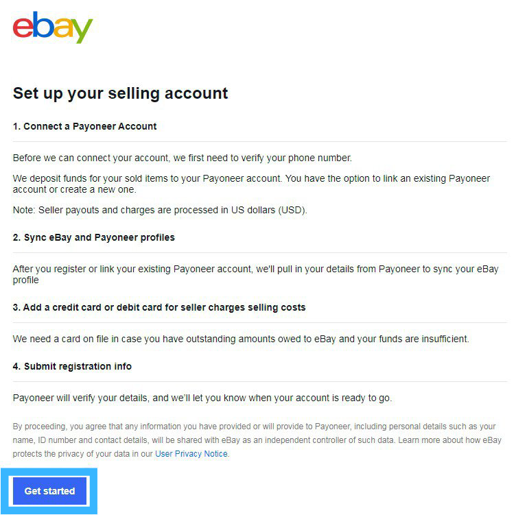 ebay's getting started with the selling account